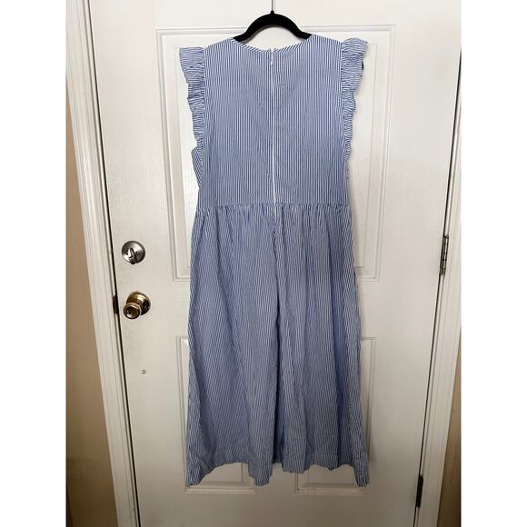 J. Crew Dress Womens Large Smocked Flutter-Sleeve Midi Blue White Womens Resort - Picture 7 of 8